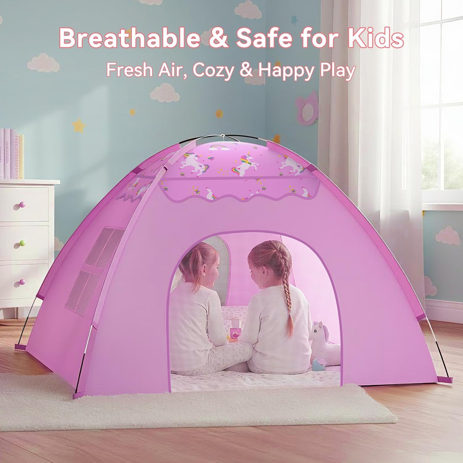 AFUNX Unicorn Play Tent for Girls Ages 4–8, Extra Large Kids Indoor Play Tent 70" L x 45" W x 43" H, Lavender Pink Foldable Tent with Rainbow & Unicorn Print, Easy Setup, Fits 2–4 Kids
