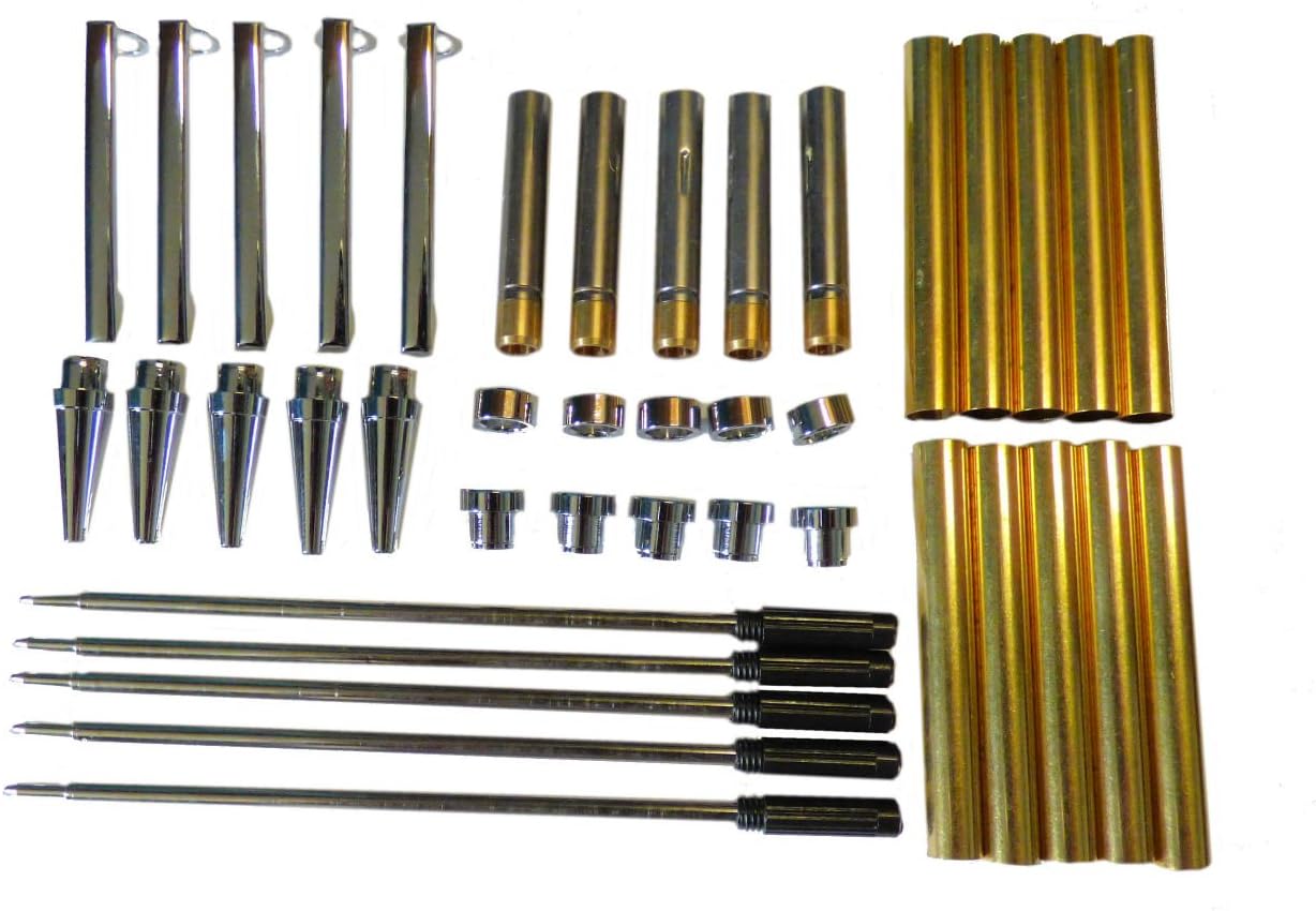 Woodturning Slimline Pen Kit Set x 5, Chrome Finish, Twist Mechanism
