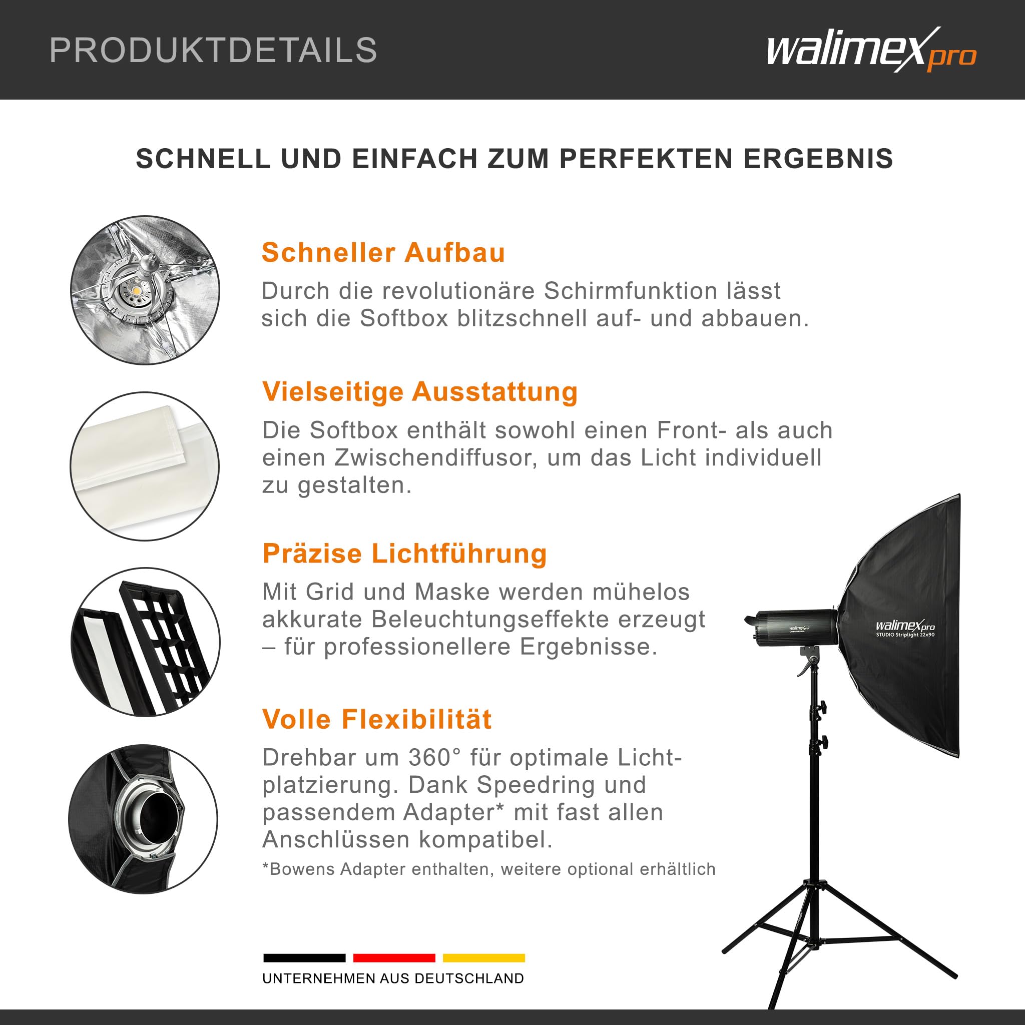 Walimex pro Studio Striplight Softbox 22 x 90 cm, Lichtformer um 360° drehbar, einfacher Aufbau dank Schirmfunktion, inkl. Grid, Maske, Bowens Adapter u. Tasche, ideal für Produkt- u. Peoplefotografie
