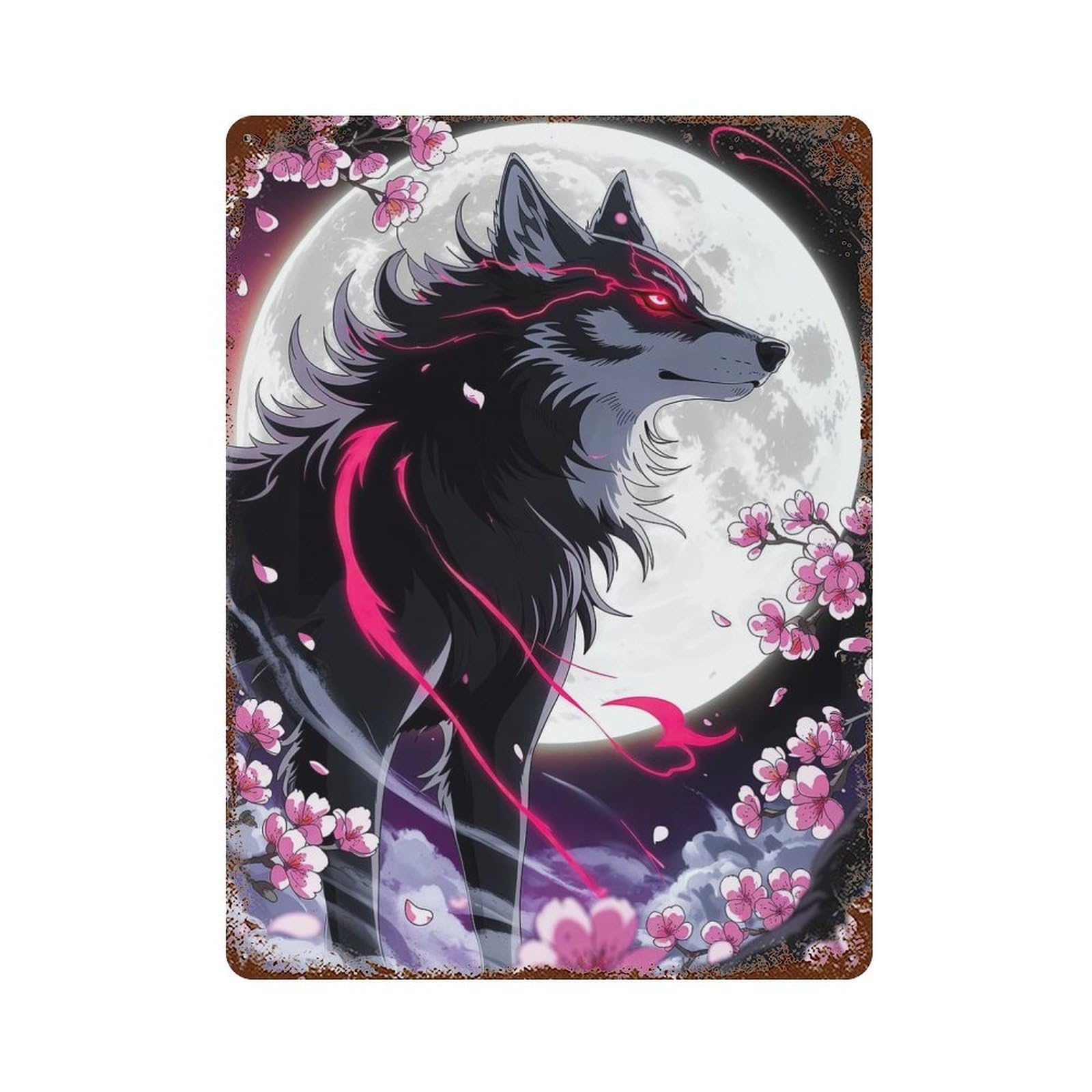 Crimson Moon Howl – Ethereal Wolf Amidst Sakura Storm Rust Effect Tin Sign 15.7"x11.8", Vintage Wall Decor for Pub, Kitchen And Man Cave Decor