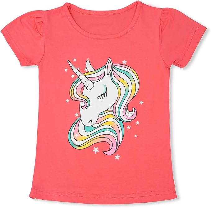 TTYAOVO Camiseta de Algodón Unicornio para Niñas, Camiseta de Manga Corta de Verano para Niños Camiseta de Impresión de Fiesta de Cumpleaños Unicorn