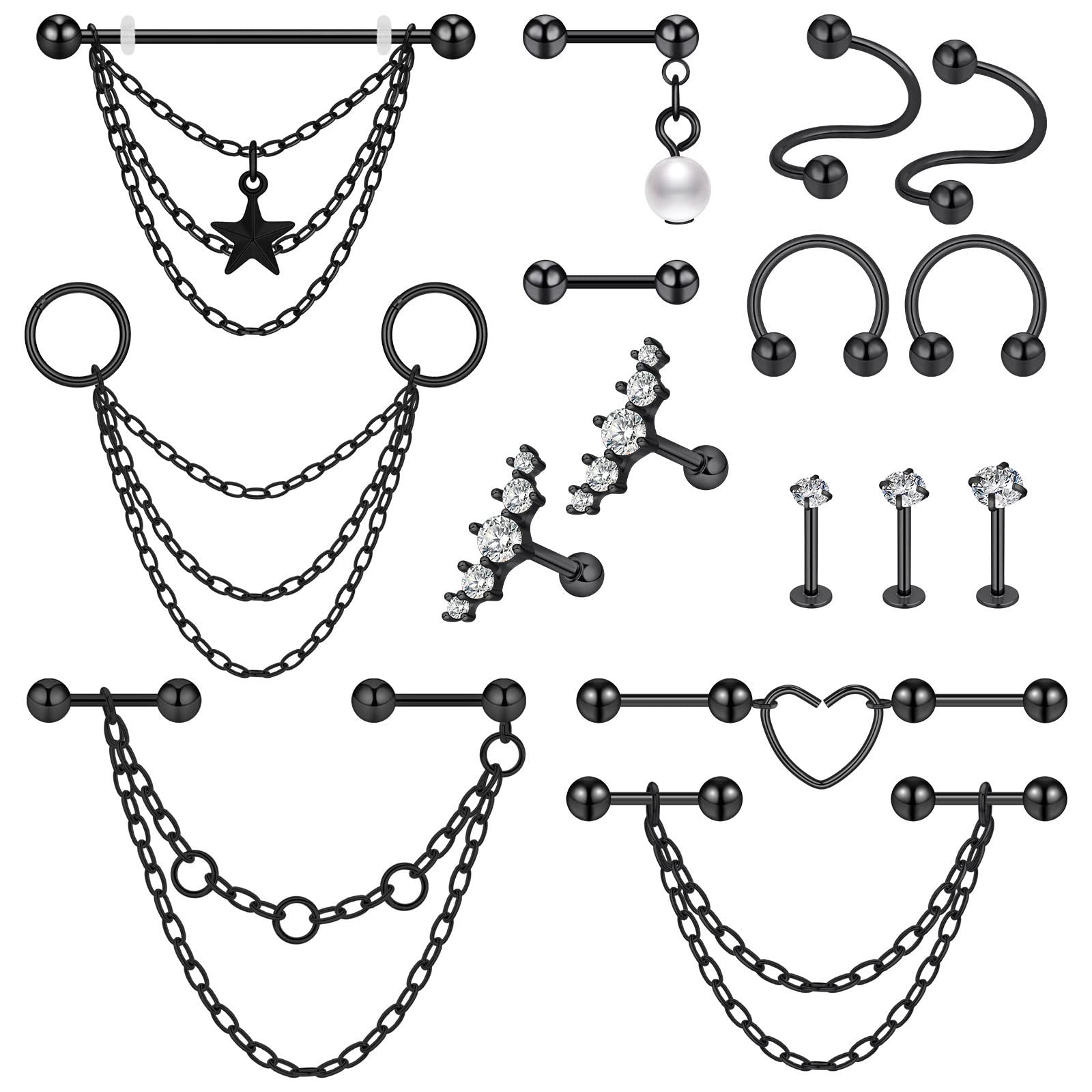 Longbeauty Pendientes industriales para cartílago y tragus, acero inoxidable 16G, con cadena, para hombre y mujer