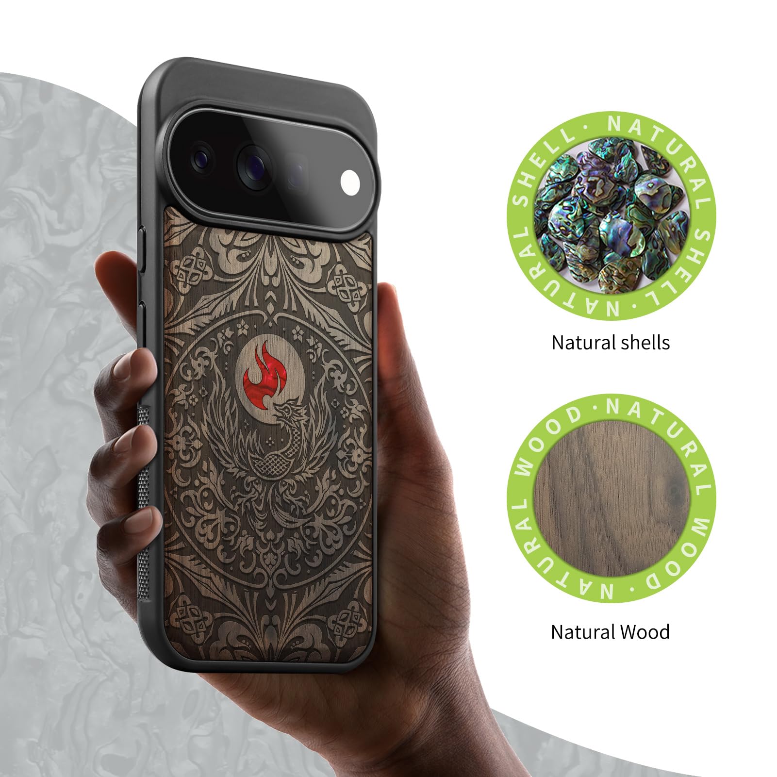 Carveit Madera Funda para Google Pixel 11 Pro (Nogal-Phoenix en simetría) | Compatible con MagSafe [Grabado en madera e incrustación de mejillones] Magnética Cover para Pixel 11 Pro Carcasa
