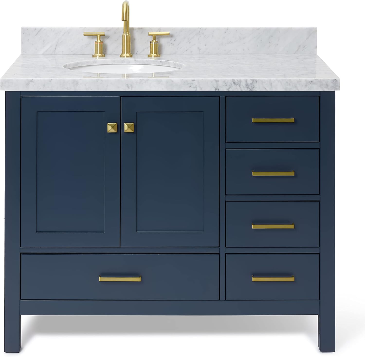 ARIEL Cambridge 42-inch Bathroom Vanity with Sink,Solid Wood, 1.5-inch Italian Carrara Marble Countertop, Single Oval Porcelain Sink, 2 Soft Closing Doors, 5 Dovetail Drawers, Midnight Blue