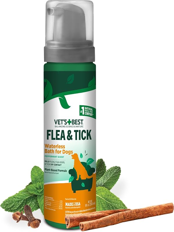 Vet's Best Waterless Flea & Tick Bath for Dogs, Plant-Based, 8 oz | No-Rinse Flea & Tick Bath, Plant-Based Formula, Essential Oils, Helps Control Fleas & Ticks, Made in USA