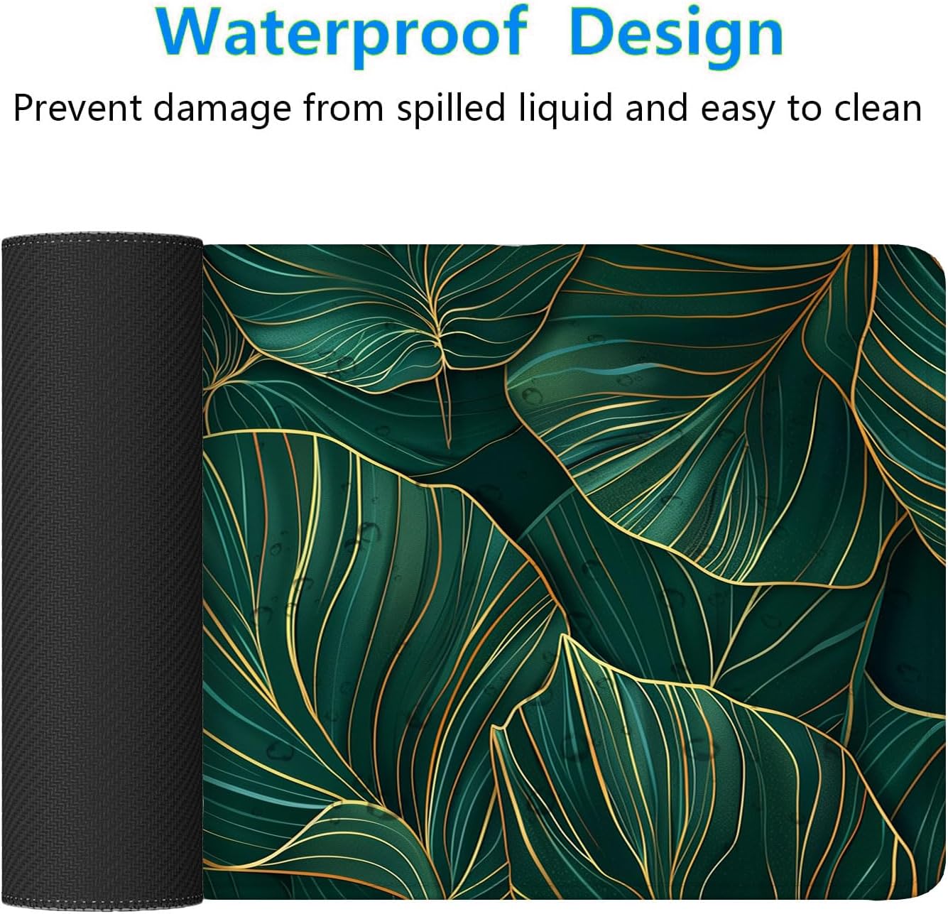 Green Leaves Desk Mat Gaming Mouse Pad Gold Tropical Palm Leaves Large Gaming Mouse Mat with Stitched Edges,Non-Slip Waterproof Rubber Base Mous Mat Office Computer Keyboard Laptop Home 31.5"x11.8" image 4