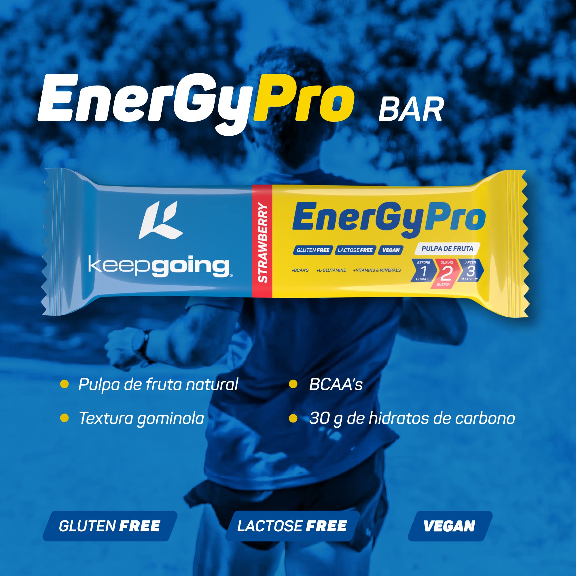 Keepgoing - Barritas Energéticas Naturales EnergyPro de Fresa 24 uds x 40g | Textura de Gominola para Ciclismo y Running | Barritas Energéticas de Pulpa de Fruta | Alto Aporte Energético