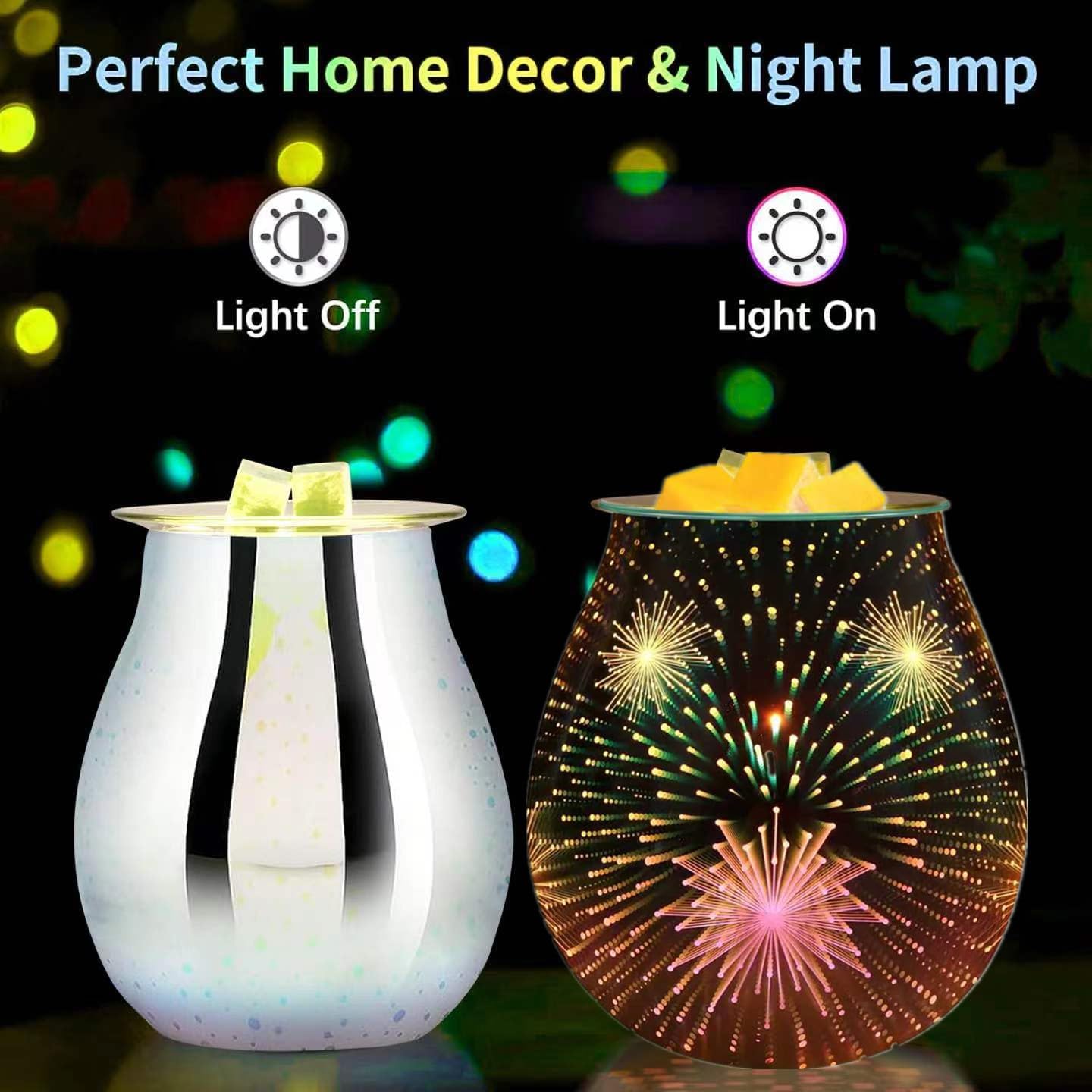 3D Glass Wax melt Warmer,Electric melt Burner,Romantic Aroma Warmer for Essential Oils Burner & Premium Wax Melts Burner.(Fireworks)