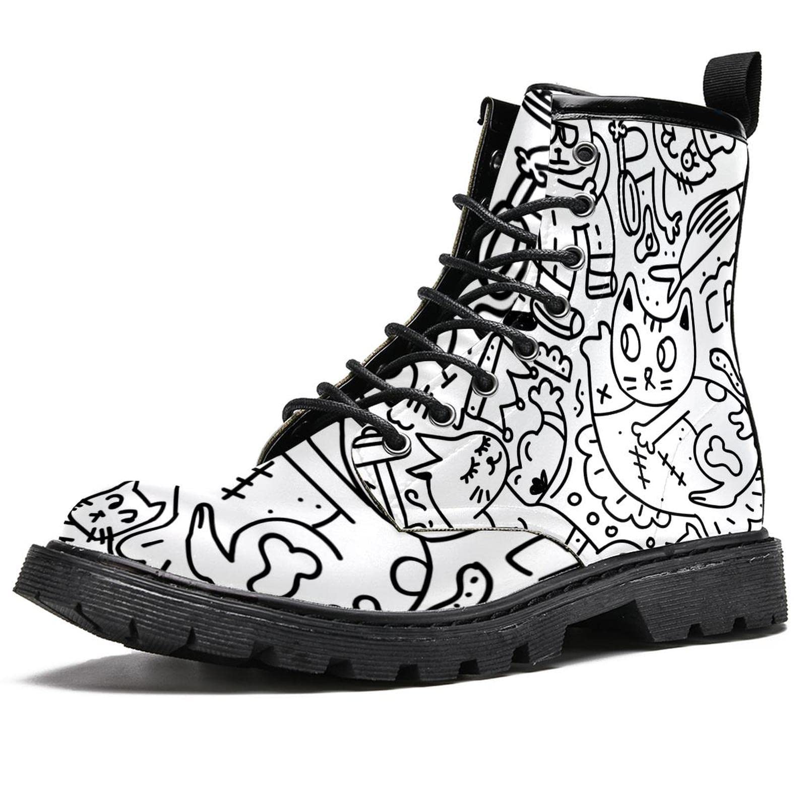 6.5 High Top Lace Up Women's Leather Boots Print Classic Winter Shoes Black and White Art Girl Ankle Boots