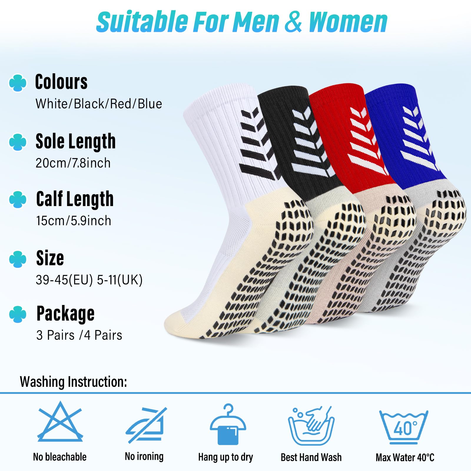 LUROON Calze Antiscivolo Calcio Uomo 37-46, 3/4 Paia Calzini Grip Calcio in Silicone Grip Anti Vesciche Calzini Sportivi Donna Traspirante Calze Antiscivolo Calcio per Ciclismo Trekking