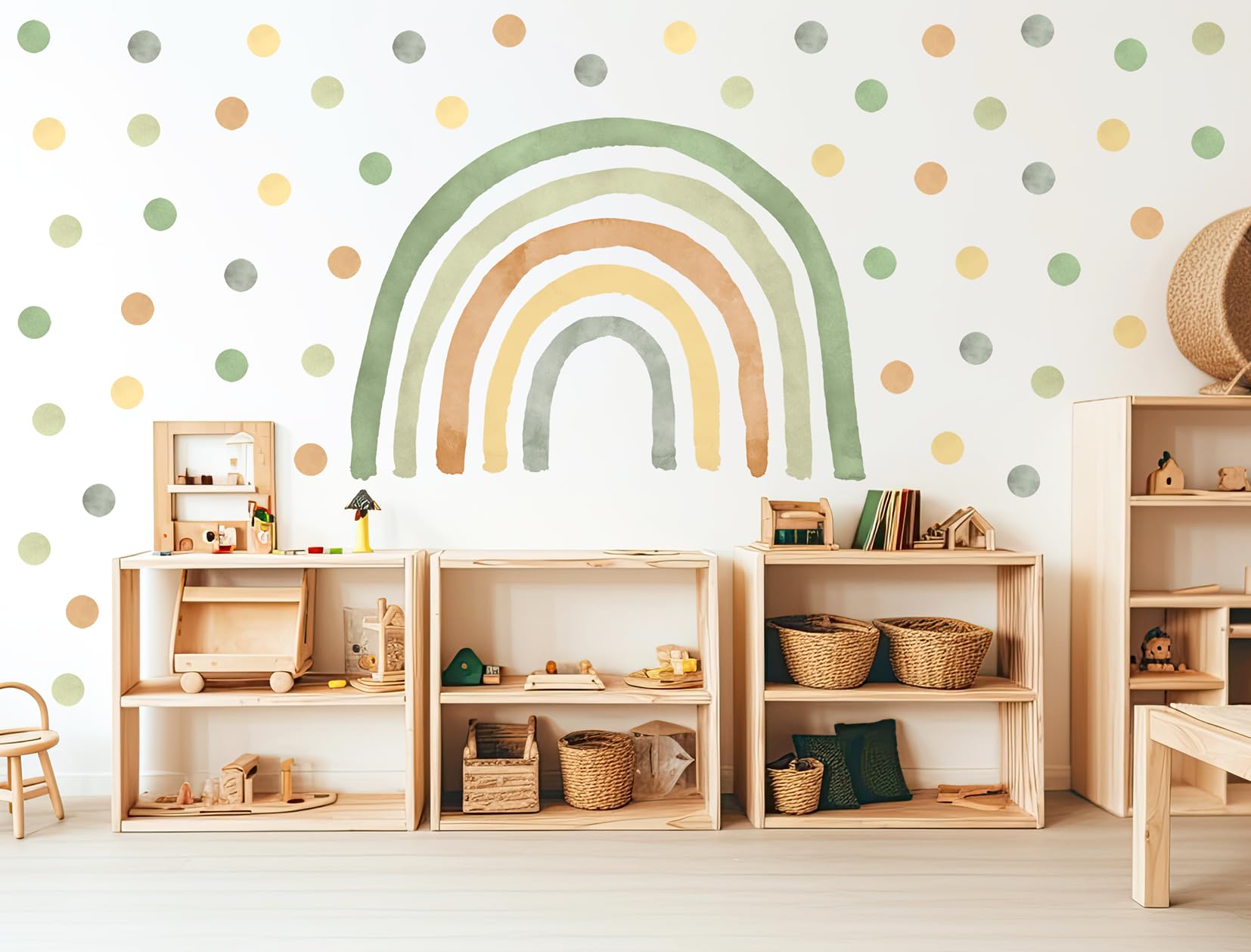 Adesivi da parete per bambini – Adesivi decorativi – Non tossici, sicuri, di alta qualità – Decorazione per la cameretta dei bambini – Set – Arcobaleno verde L + 50 pois/puntini