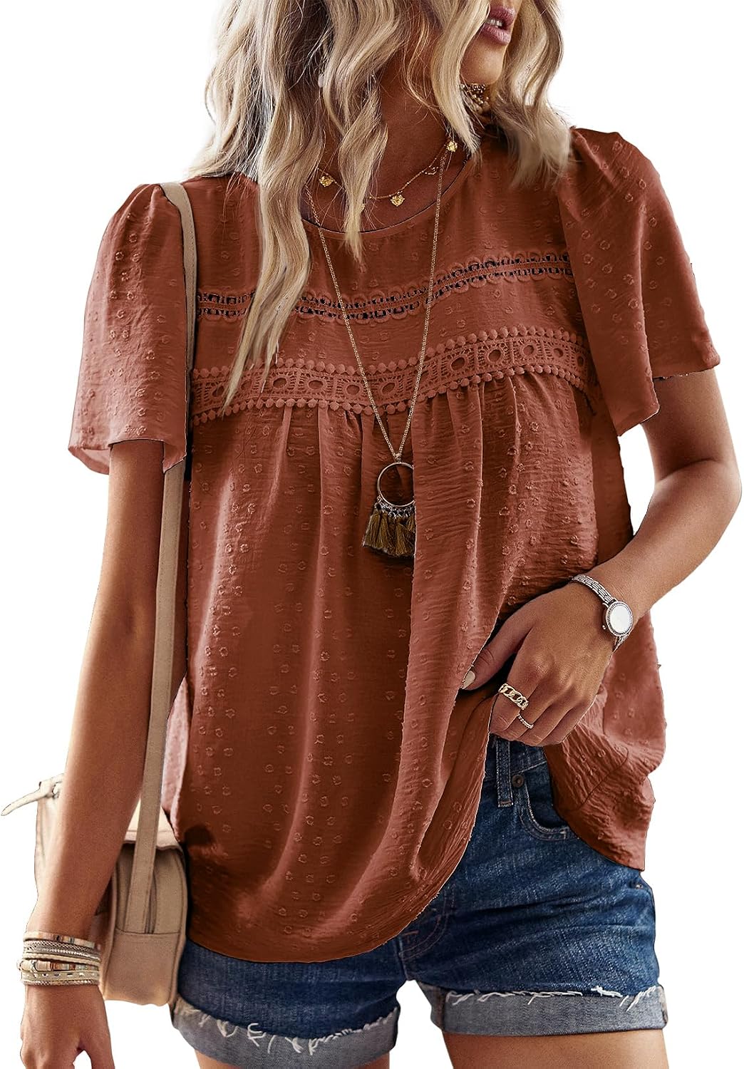 Falechay Womens Summer Tops Flowy Boho Dressy Casual Short Sleeve Shirts | Crewneck Loose Fit Blouses, Hide Belly Fat, Lace Hem Ladies Tunic, Babydoll Crochet Clothes, Swiss Dot, Work, Vintage, XS-6XL