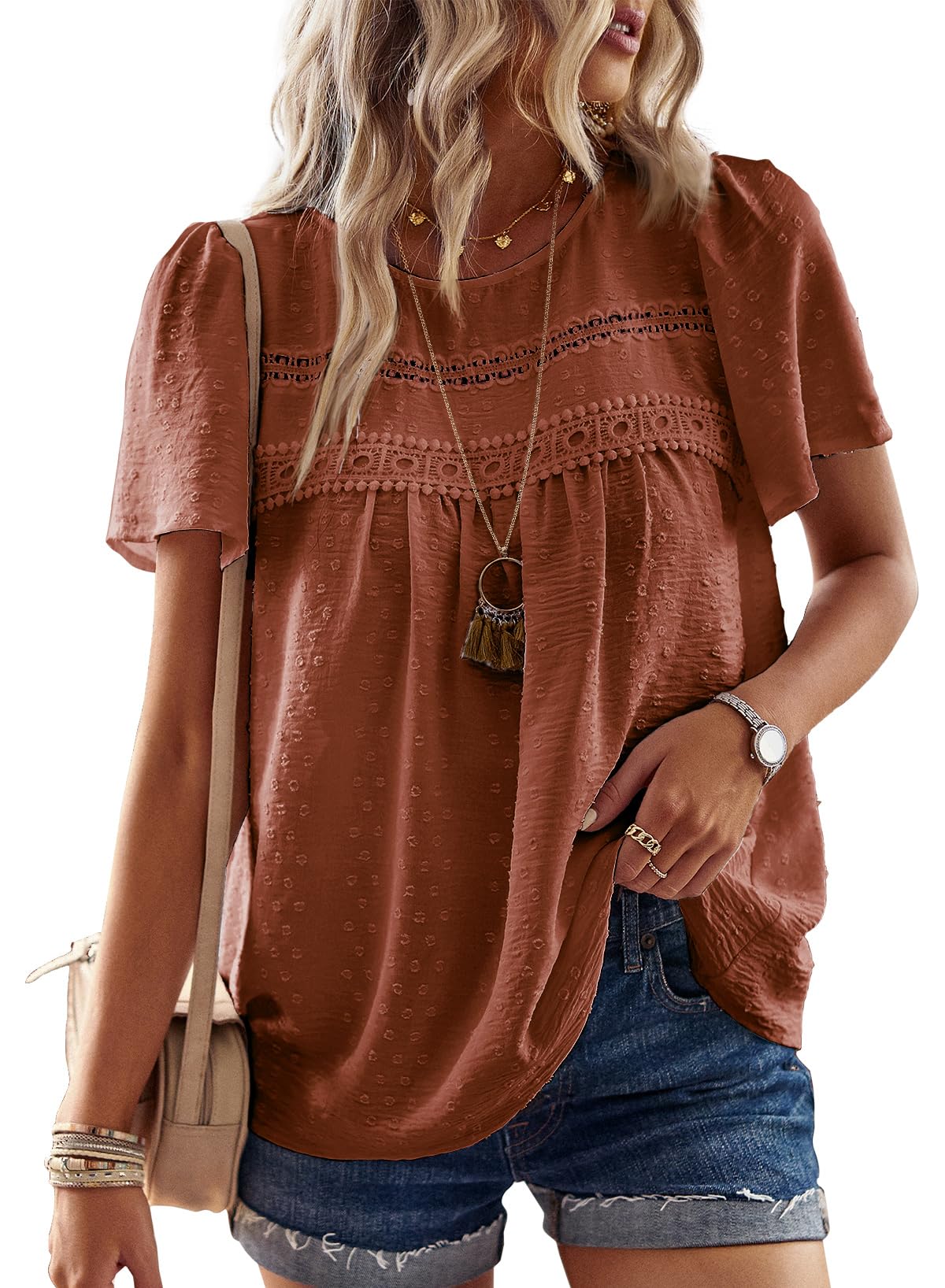 Falechay Womens Summer Tops Flowy Boho Shirts Dressy Casual Short Sleeve