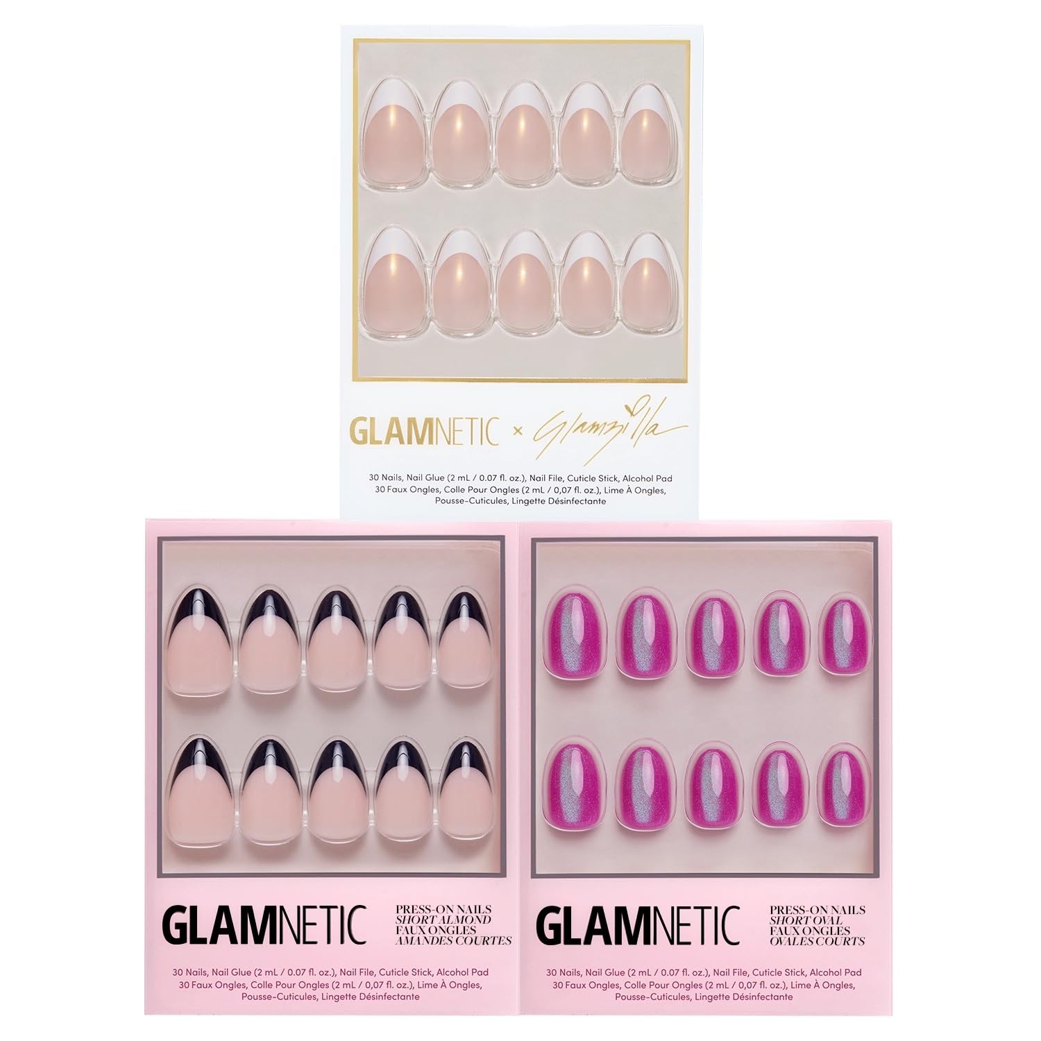 Glamnetic x GLAMZILLA Press-On Nails Bundle - NO IN BETWEEN, Hailey & Berry Maroon | Almond Fake Nails, Black & White Micro French Tips | Glazed Almond False Nails | Dark Red Maroon Short