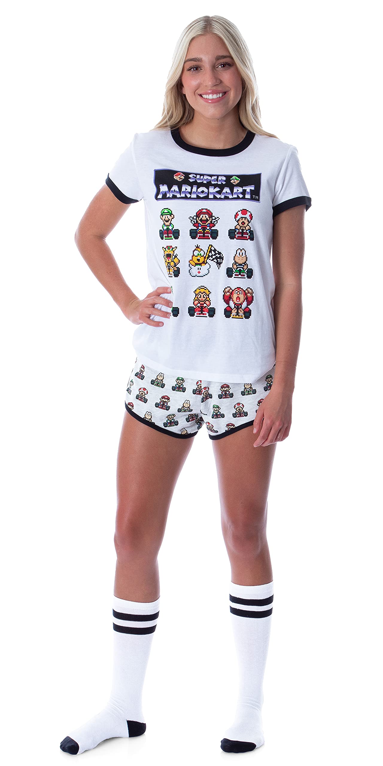 Super Mario Kart Women's Video Game 3 Piece Matching Pajama Set - Boxer Shorts, Shirt, And Anti-Slip Socks