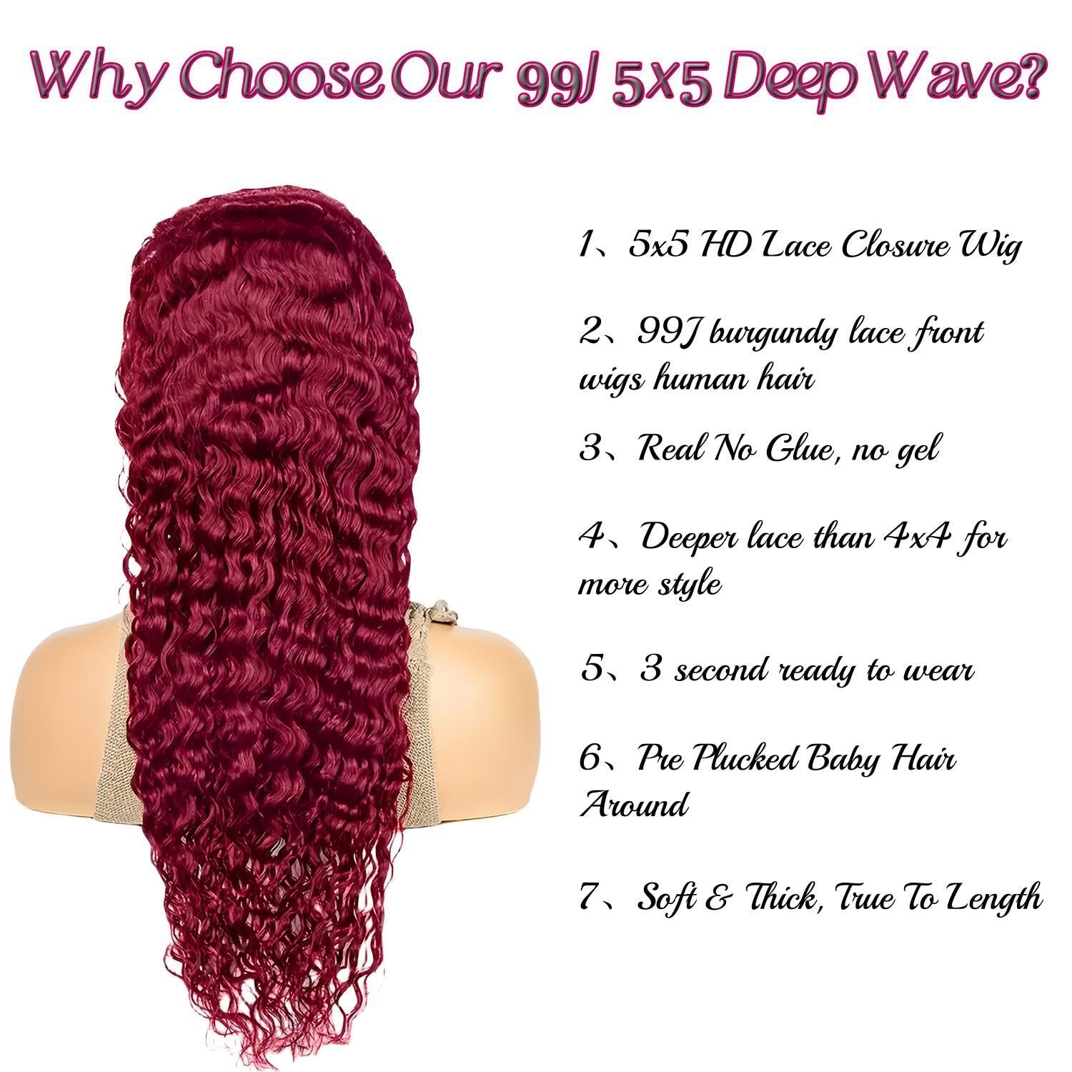 ONICE Wear And Go Glueless Wigs Human Hair Pre Plucked Pre Cut 5x5 HD Lace Closure Human Hair Wigs For Black Women Upgraded No Glue Deep Wave Lace Front Wigs Human Hair(Burgundy,18Inch)