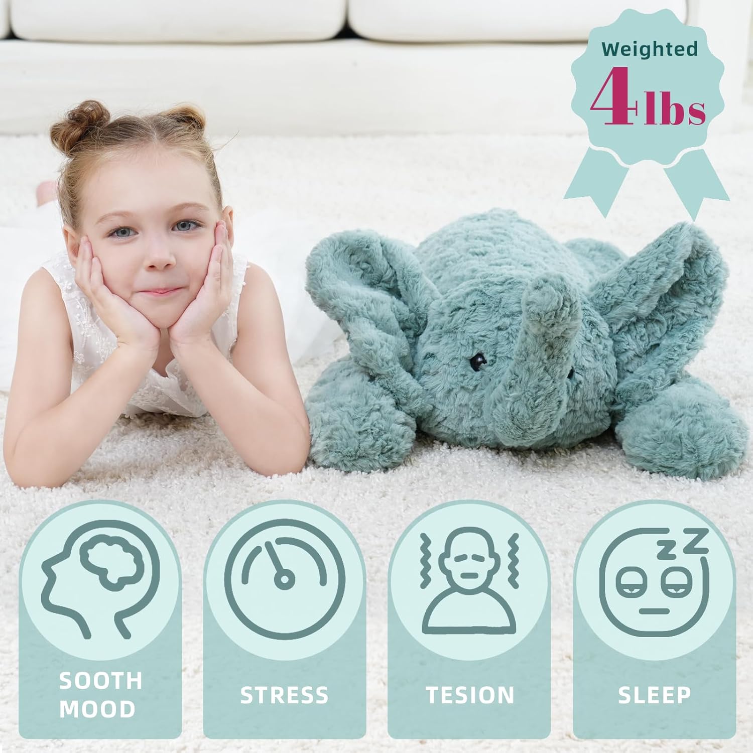 Weighted Stuffed Animals Elephant Plush Toy, 26 Inch, 4 Pounds, Soft and Huggable Weighted Plush Toy in Sage Green, Ideal Gift for Kids and Adults for Christmas, Birthday, Valentine’s Day