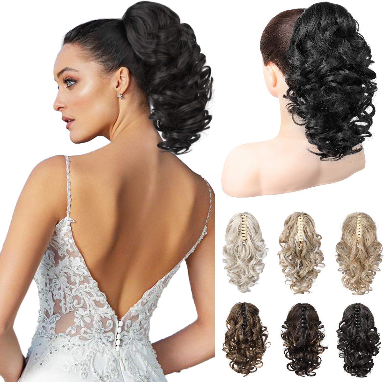 REECHO 12" Ponytail Extension, Classic Loose Curly Wavy Claw Clip Pony tails Hair Extensions Hairpieces for Women - Black