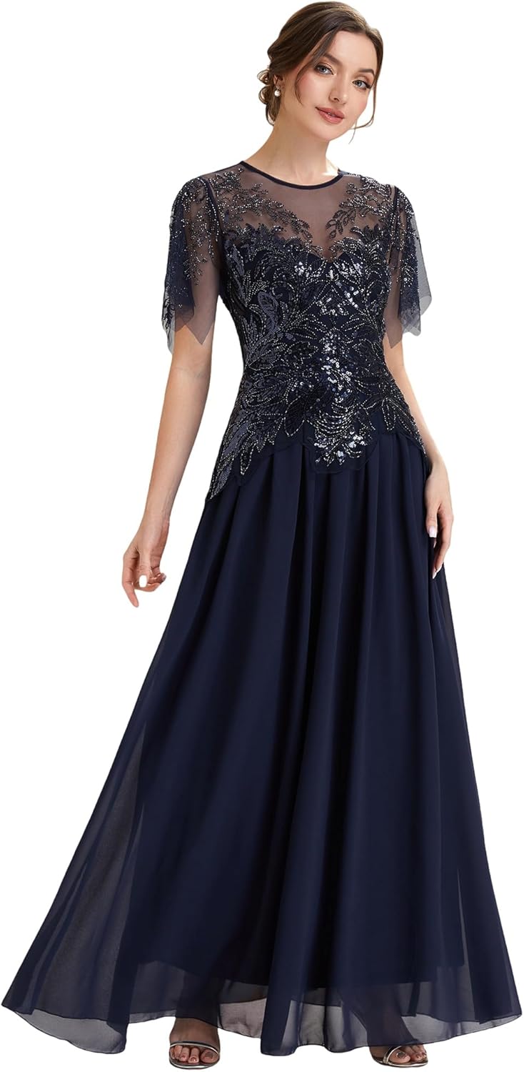 Ever-Pretty Women's Sequin Crew Neck Formal Dress Embroidered Floor Length A Line Mother of Bride Dresses 02675