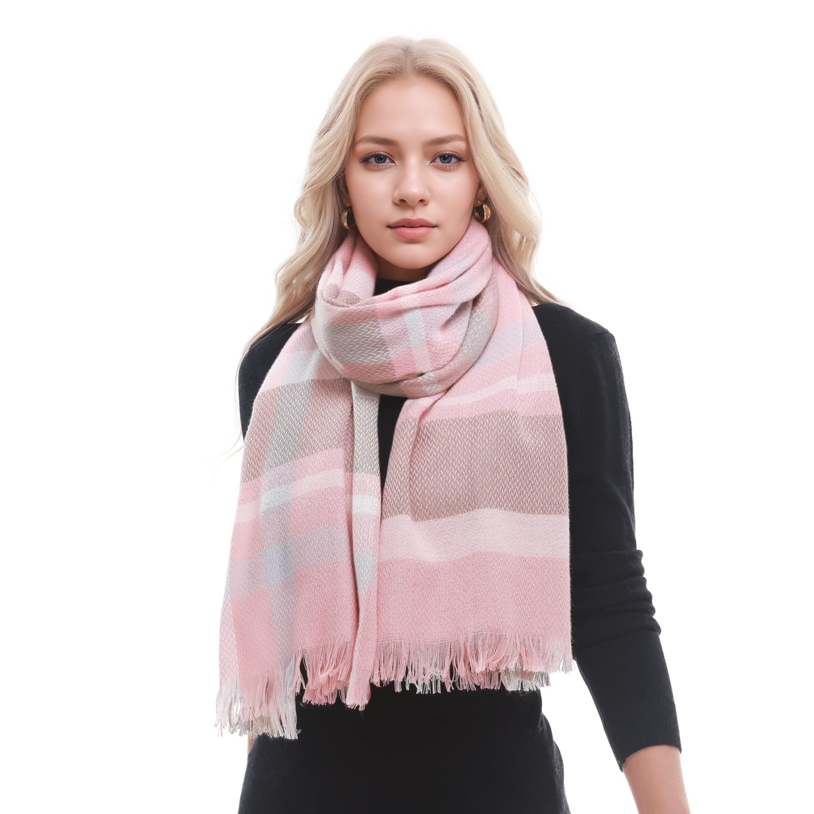 Bufanda a cuadros para mujer, bufandas de invierno cálidas de gran tamaño, bufandas de tartán, Rosa/Caqui/Azul