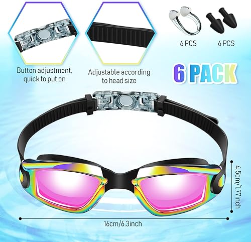 Miniatura 3 de 6 Pack Swim Goggles for Adult Anti Fog Swimming Glasses with 6 Ear Plugs Nose Clip No Leaking Full Protection Pool Goggles