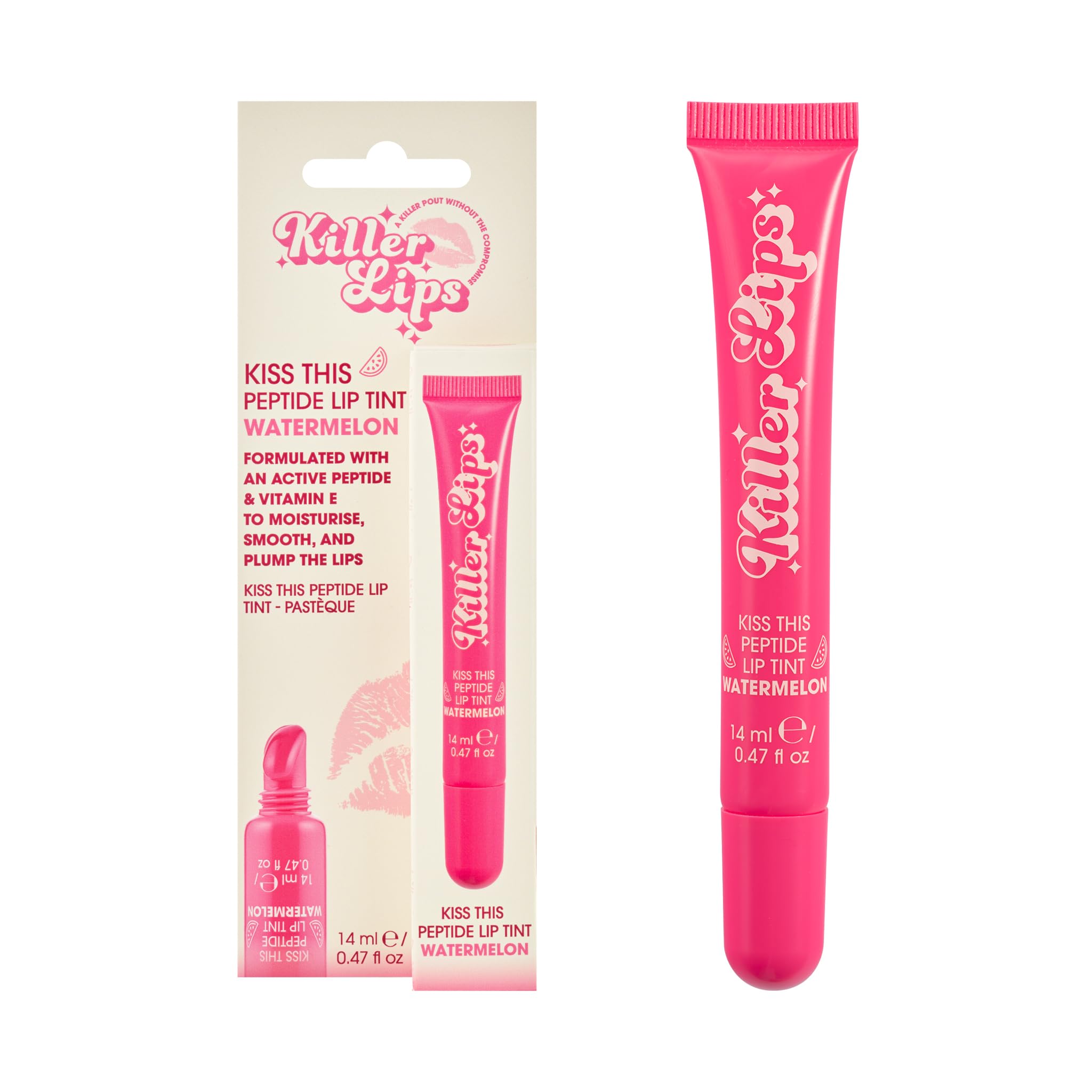 Killer Lips Kiss This Peptide Lip Tint - Watermelon 14ml Peptide-Powered Bright Pink Lip Tint with Vitamin E, To Smooth & Hydrate for Soft, Kissable Lips, Watermelon Scented