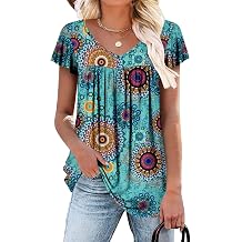 ROSELINLIN Womens Ruffle Sleeve Tunic Tops V Neck Loose Fit Short Sleeve Summer Shirts