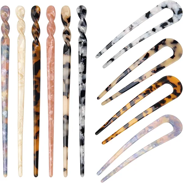 6+4P Acetate Hair Sticks Set, Coldairsoap 2 Styles Tortoise Shell Hair Pins U-Shaped Straight Chopsticks 10 Colors Vintage French Hair Forks for Women (Classic)