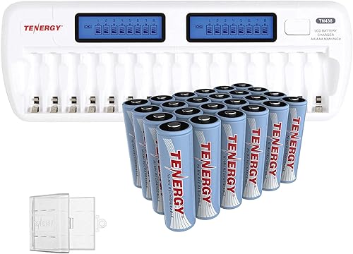 Tenergy Paquete de 24 baterías recargables AA NiMH de 1.2 V con cargador TN438, 24 pilas AA precargadas, ideales para electrónica doméstica diaria
