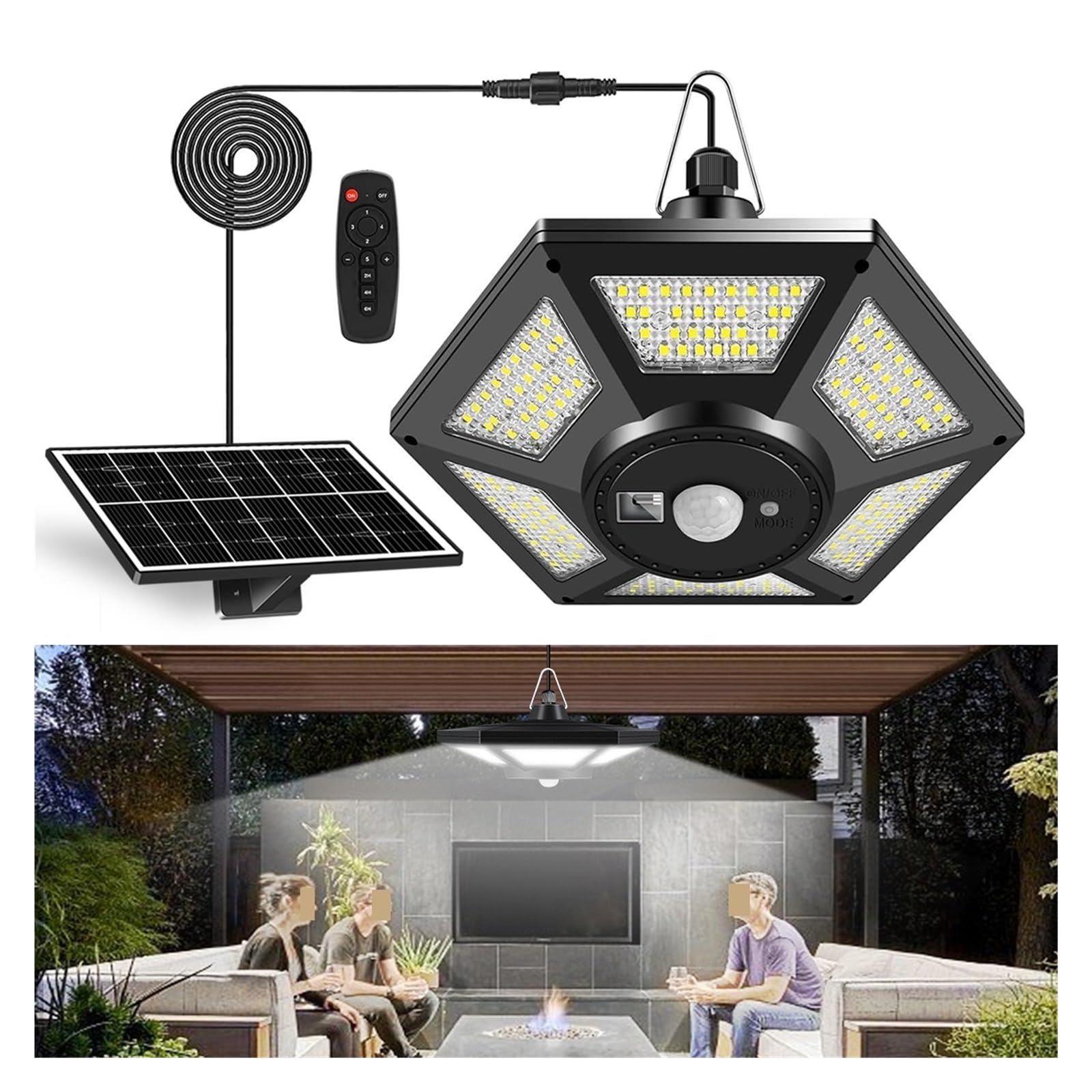 Luci a Sospensione solari for Esterni e Interni con Telecomando, 180 LED, sensore di Movimento, 5 modalità di Illuminazione for Garage, Patio e fienile