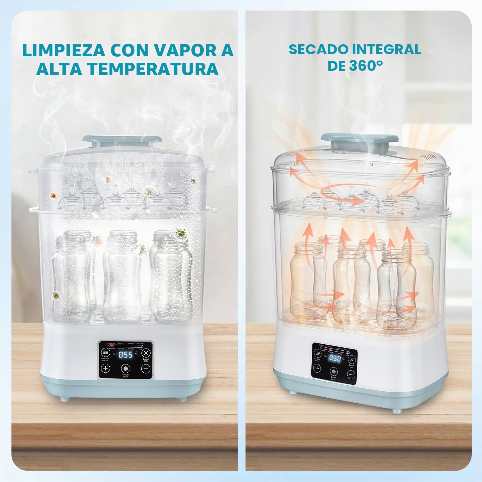 Esterilizador de vapor 5 en 1 con función de secado: esterilizador y secadora para 6 biberones, con calor de leche (35-55 °C), calentamiento de alimentos y juego completo de accesorios, ahorra espacio