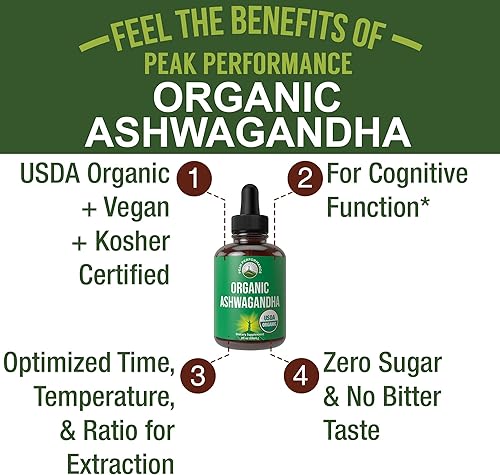 Miniatura 2 de Gotas líquidas de Ashwagandha. Suplemento vegano orgánico del USDA. Extracto de raíz de ashwagandha extra fuerte para mujeres, hombres, niños. con