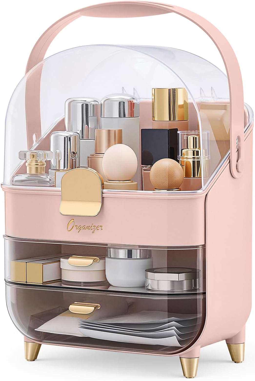 – BTGGG Cosmetic Organizer Box with Drawers, Multifunctional Portable Dustproof Waterproof Cosmetic Storage Case, Stylish Skincare & Beauty Organizer for Bedroom Bathroom Vanity Desktop (Pink)