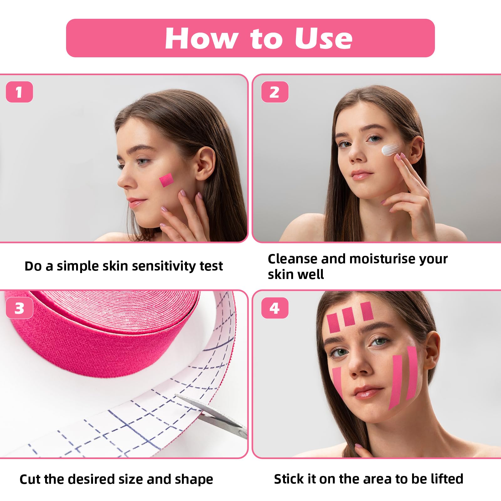 4 Rollos de Cintas Kinesiologicas Faciales y 1 Par de Tijeras,Parche Facial Antiarrugas 2.5cm×5m,Tiras de Lifting Facial,Multifuncional y Alta Elasticidad,Esparadrapo Facial Antiarrugas
