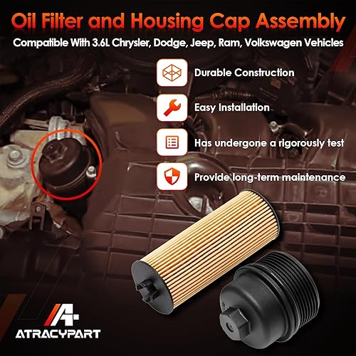 Miniatura 3 de Filtro de aceite y tapa de filtro de aceite Reemplazo para Chrysler 200, 300, Town & Country, Dodge Avenger, Challenger, Charger, Durango, Journey &