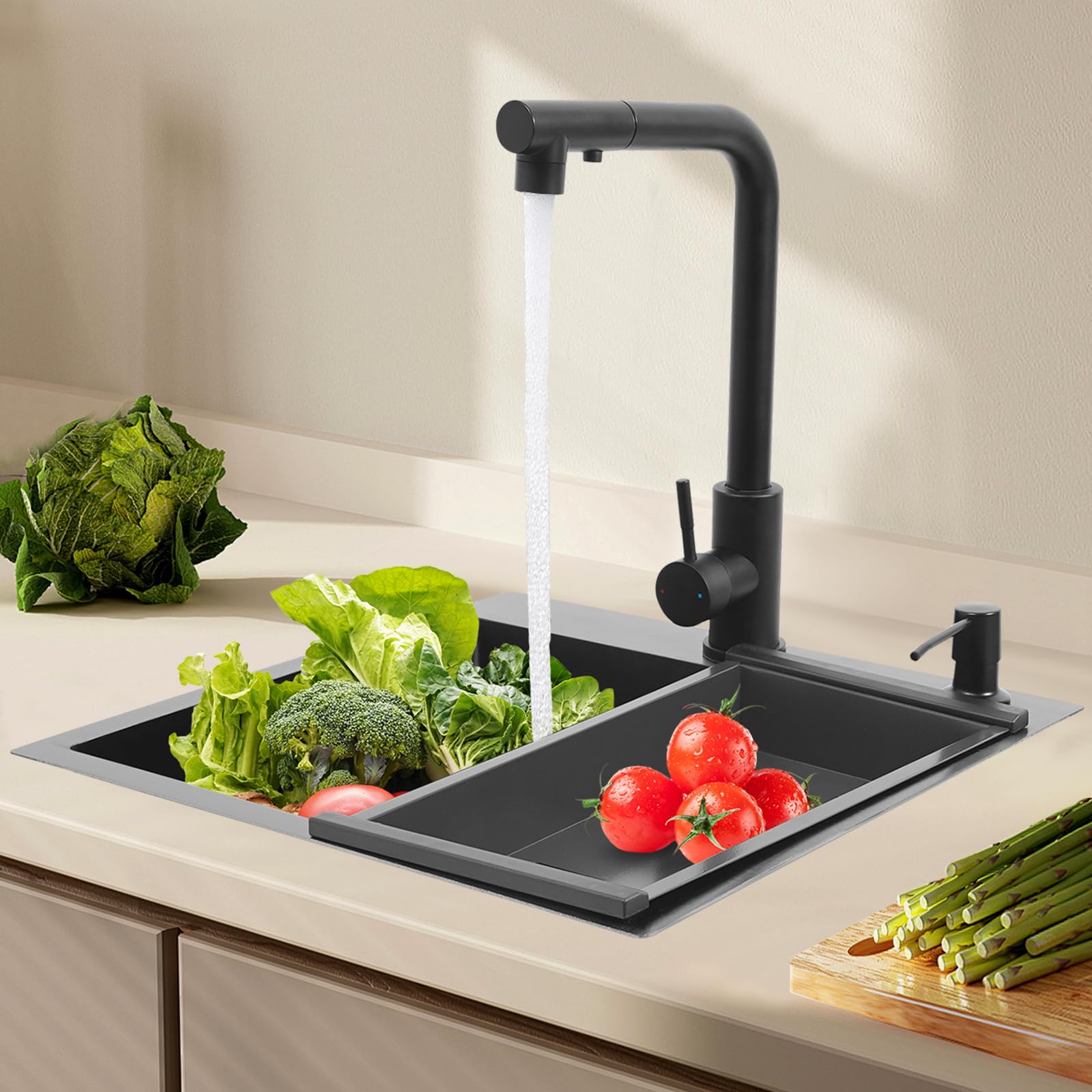 Fregadero de cocina negro de acero inoxidable, 45 x 45 x 18 cm, con grifo extraíble, escurridor, dispensador de jabón, tubo de sifón, dispensador de jabón, válvulas de esquina, para cocina
