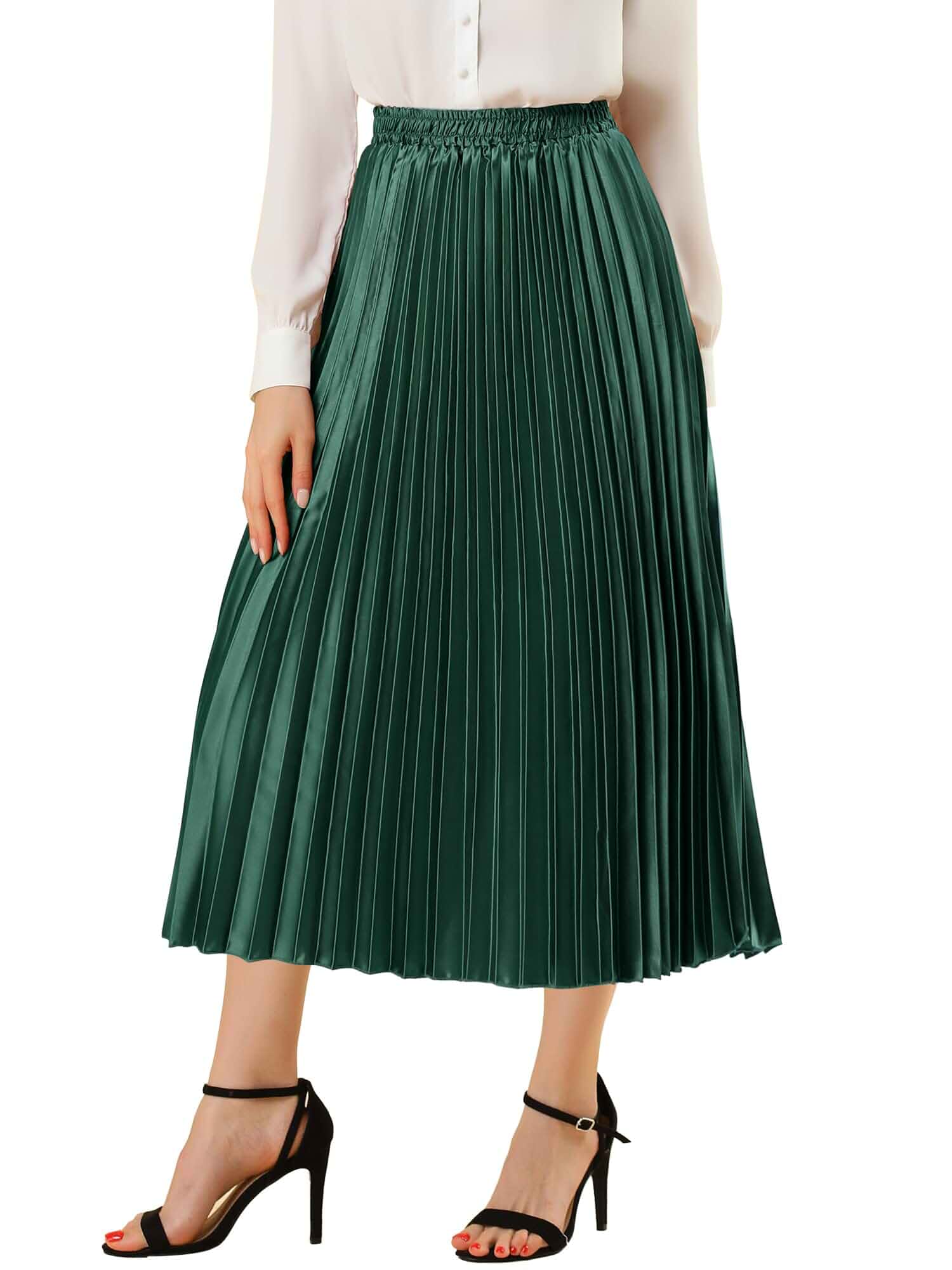 Allegra K Women Pleated Midi Skirt High Waisted Metallic Party SkirtsA-Line, Full Lining, Elastic Waisted, Night Out, Musical Concert, Club