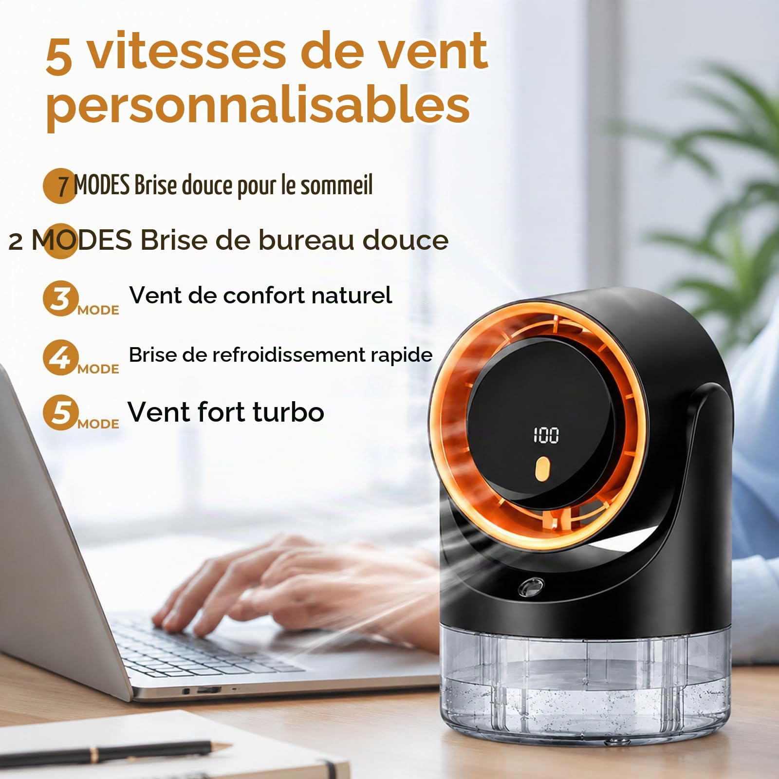 Mldnld Ventilateur brumisateur portable,réservoir 450 ml,100 vitesses,minuterie 3/6/9h,recharge USB,humidificateur compact pour la maison et le bureau,cadeau d'été idéal