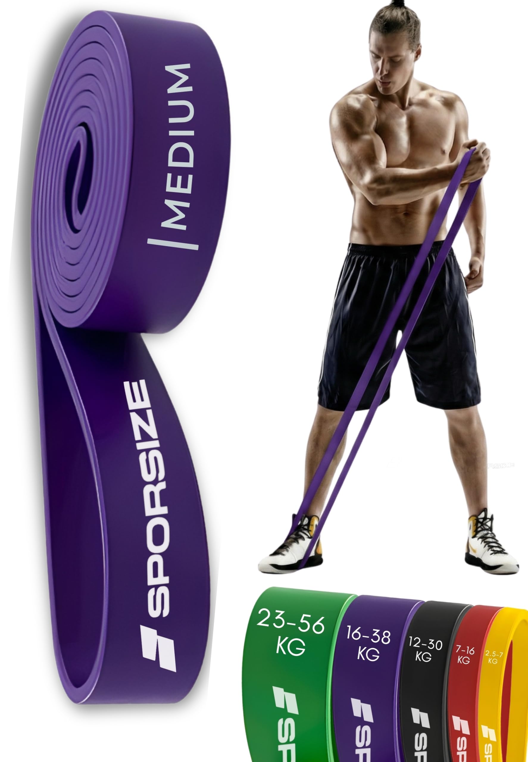 Sporsize Profesyonel Direnç Bandı Kas Geliştirme Lastiği Fitness Pilates Cross Training Bant Yoga Push Up Barfiks Bandı Tekli (Mor, 16-38 KG)