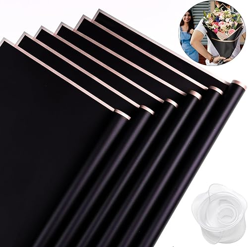Miniatura 8 de VOWOVOSDAY 40 hojas de papel de regalo de flores negras, papel de regalo impermeable para ramo de flores con cinta, papel de regalo floral para