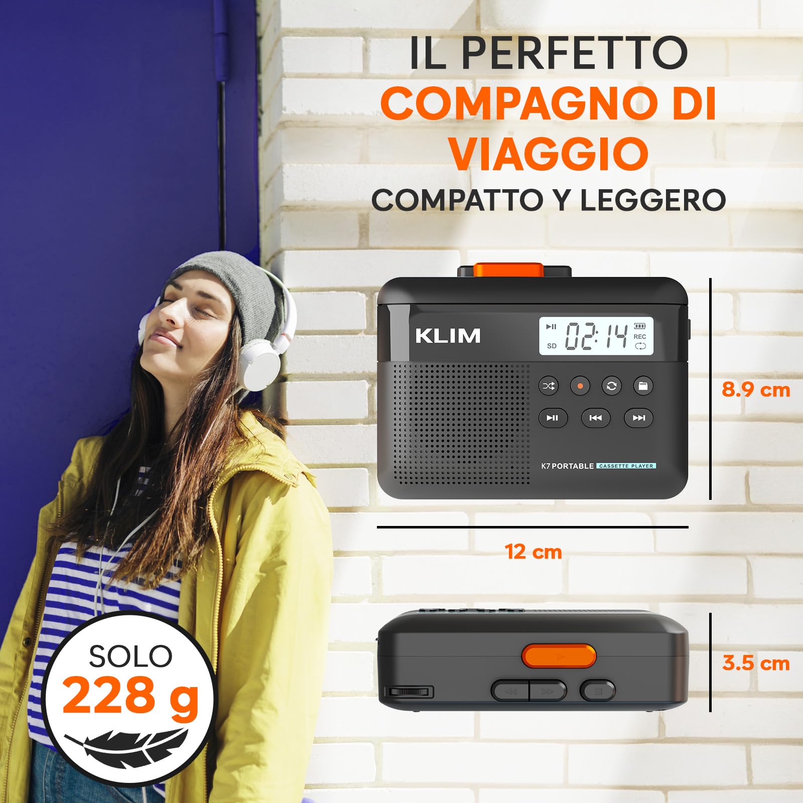 K7 Cassette Player MP3 Converter Portatile con Microfono e Altoparlante Incorporati Batteria Ricaricabile Auricolari Scheda SD 16 GB Nero Arancione