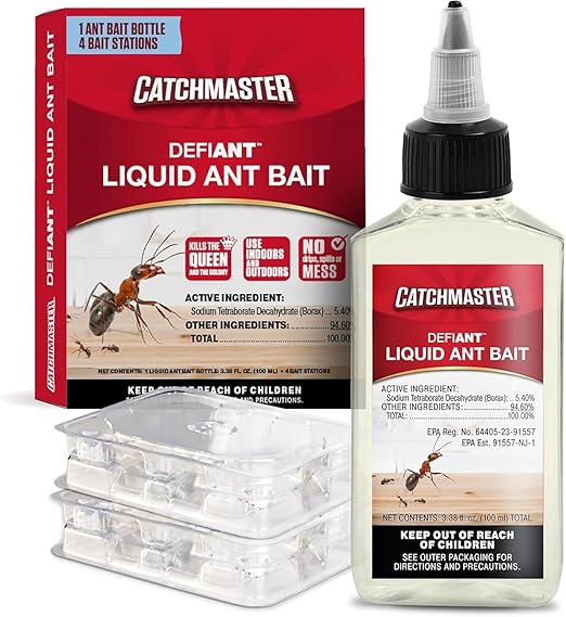 Catchmaster DEFIANT Premium Liquid Ant Killer, 1-Year Supply, Kills the Queen and Colony, No Mess Precision Bottle, Reusable Ant Traps Indoor & Outdoor, Pest Control Traps, Made in USA