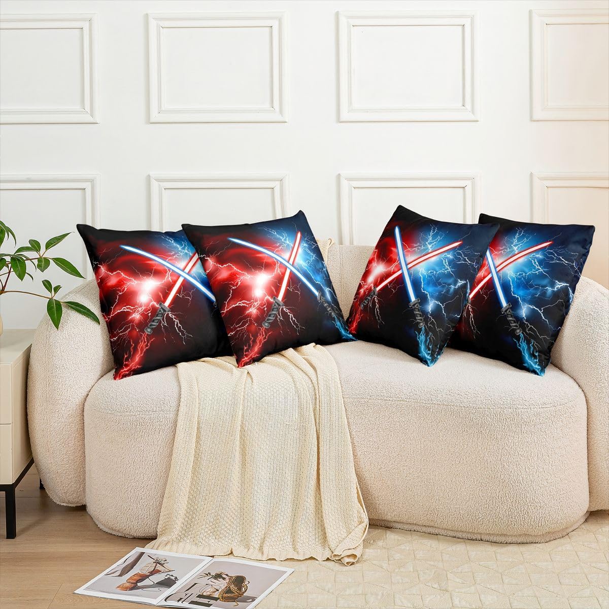 Feelyou Lightsaber Throw Pillow Covers 22"x22" Set of 2 Soft Kids Red Blue Decorative Throw Pillowcases for Boys Teens Lightsaber Grommet Pillow Cases Cushion Covers Future Technology Cushion Cases