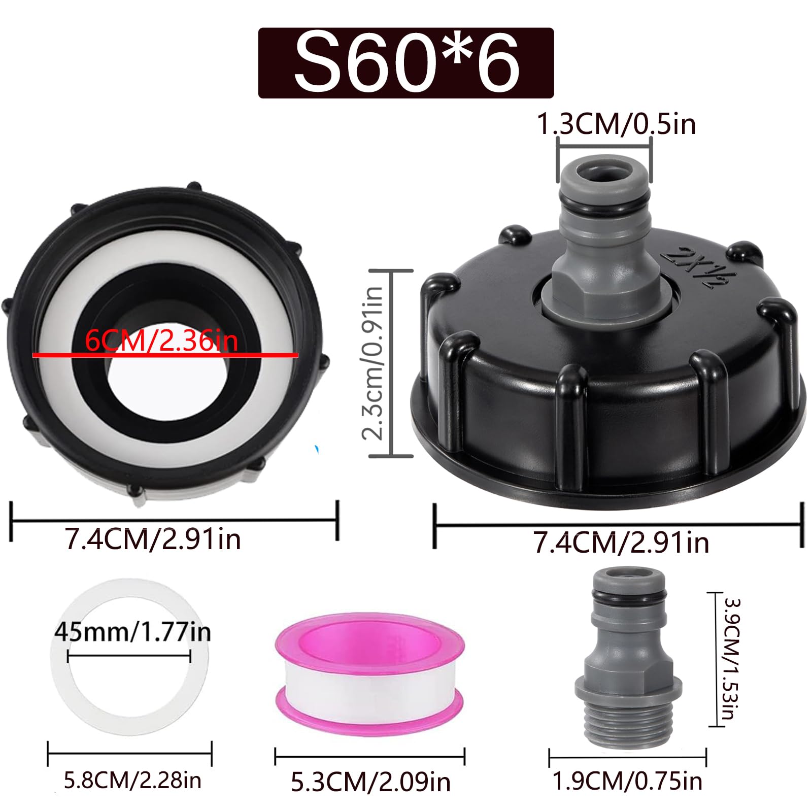 hufhnwso IBC, connettore per serbatoio, adattatore IBC, filettatura grossa s60 x 6 da 1/2", adattatore per valvola ciuccio, container, accessori IBC, connettore 2 serbatoi, accessori per tubo da