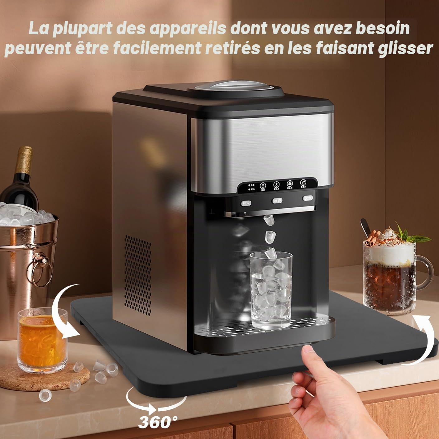 Plateau coulissant à 360° pour machine à café, plateau coulissant en bambou pour plan de travail, tapis coulissant pour appareils de cuisine pour machines à expresso noir, 33 x 40 cm