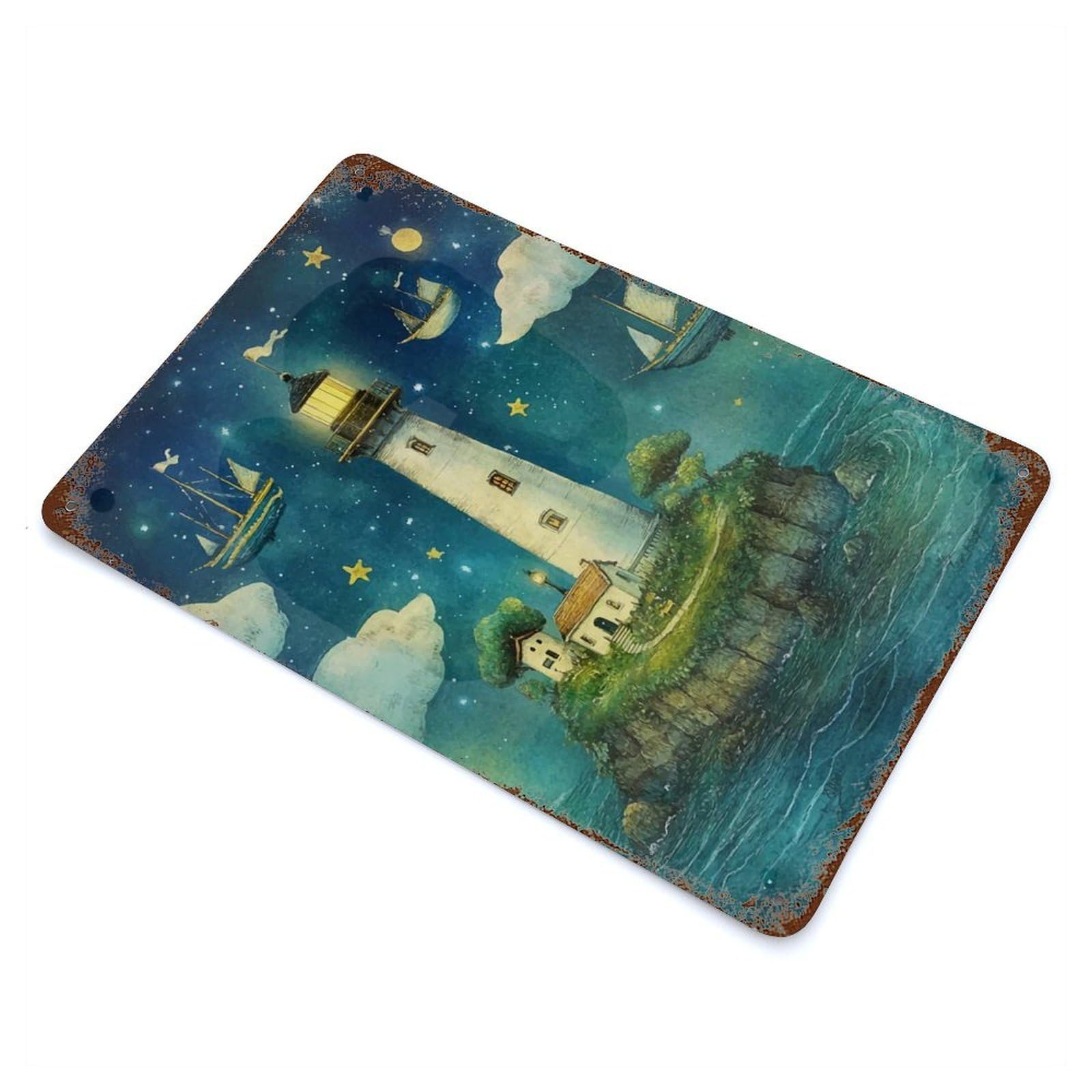 Lighthouse Starry Night Rustic Tin Plaque 11.8"x7.9", Farmhouse Wall Decor for Shed, Workshop And Garage Wall Decor