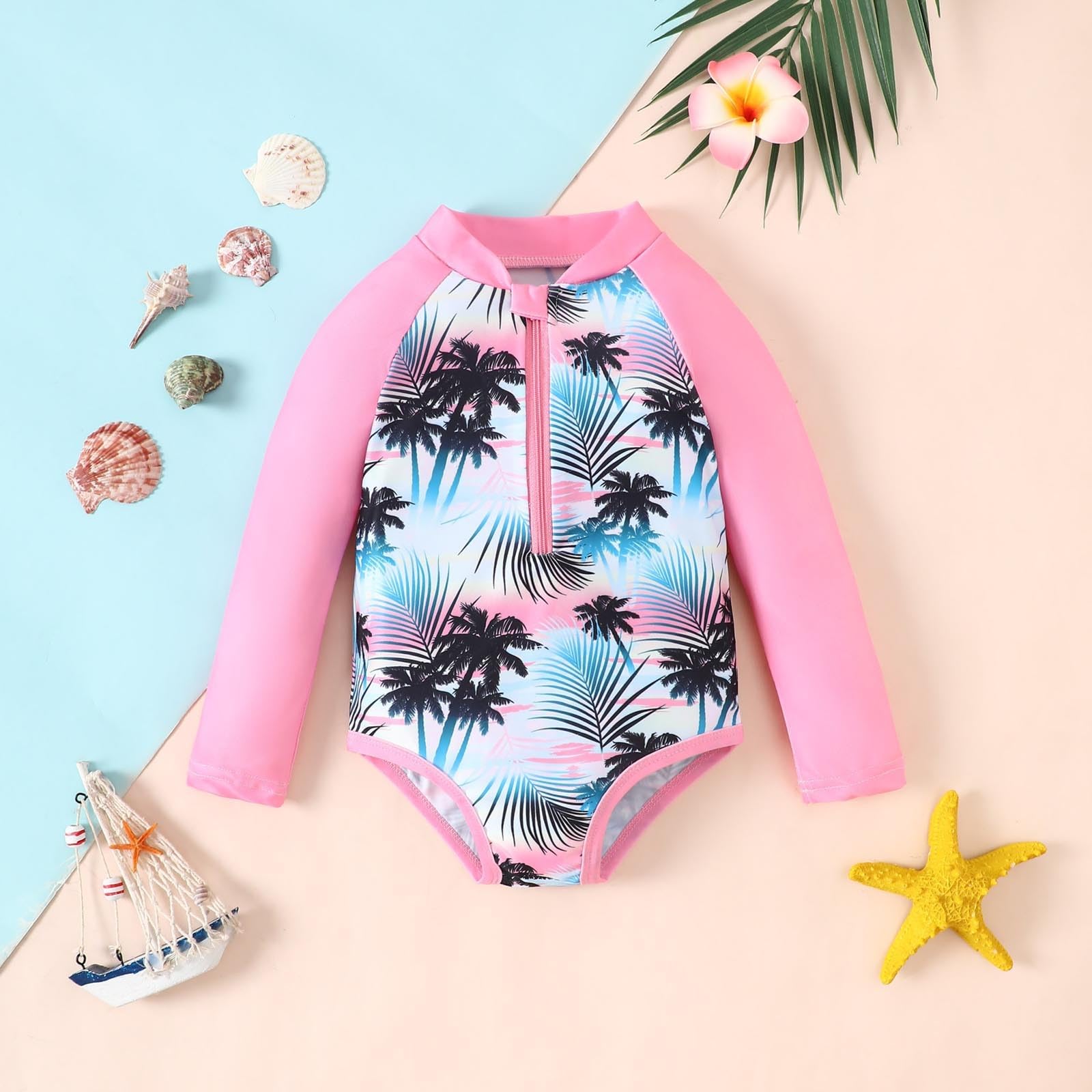 Generisch Bañador para niña con mangas largas, diseño tropical, protector solar, traje de baño para niños pequeños y niños