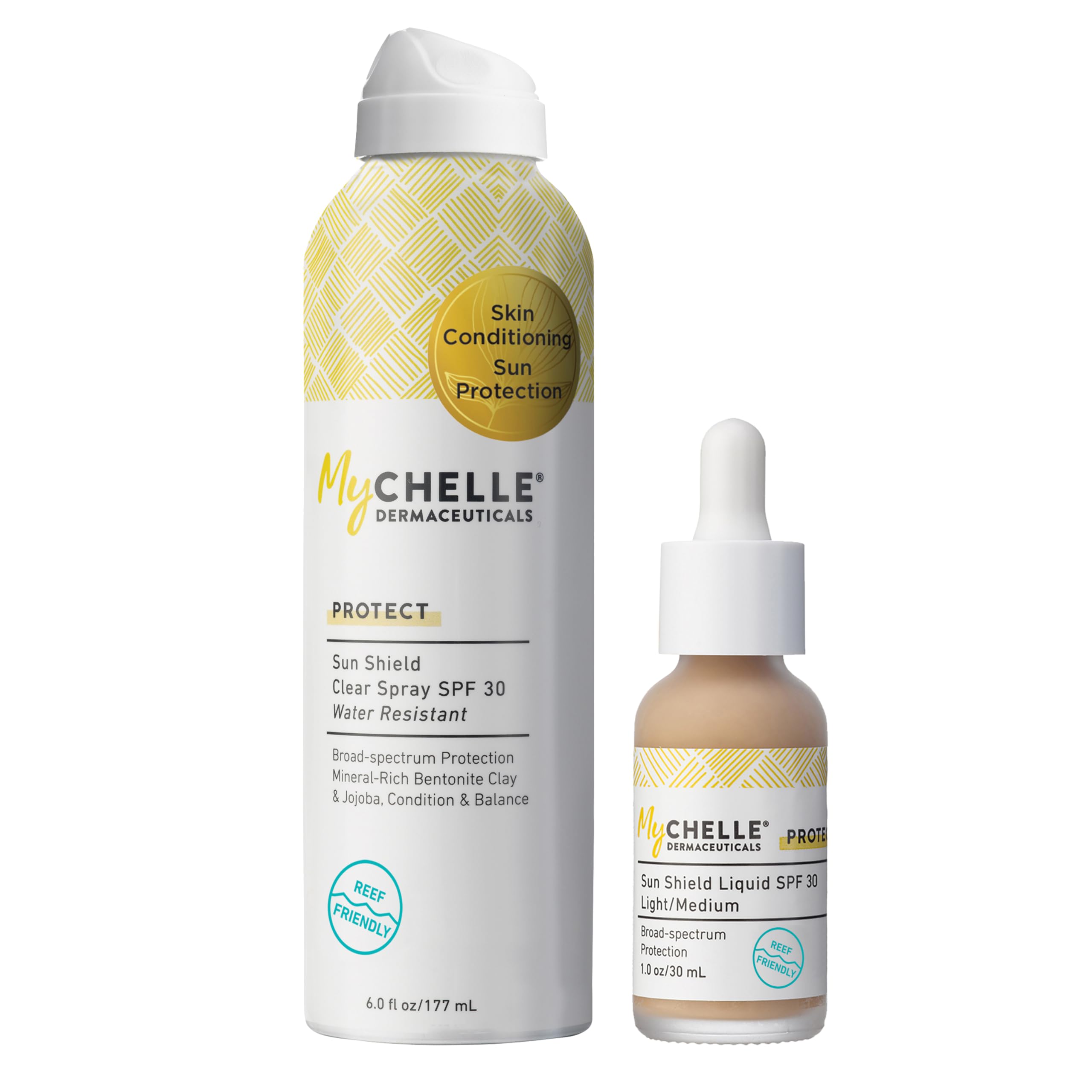 MyChelle Dermaceuticals SPF 30 Sun Shield Spray and Liquid Light Medium Sunscreen for Face Reef Safe Pack of