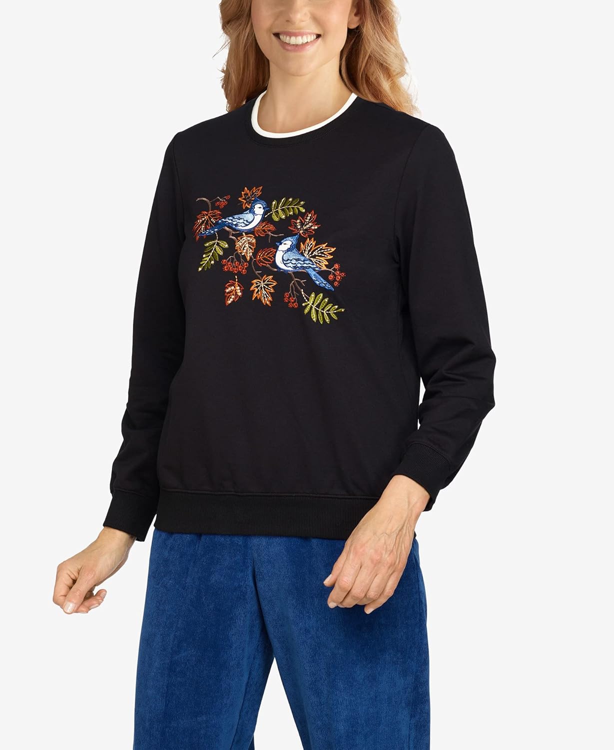 Alfred Dunner Womens Petite Blue Birds Top, Black, PXL