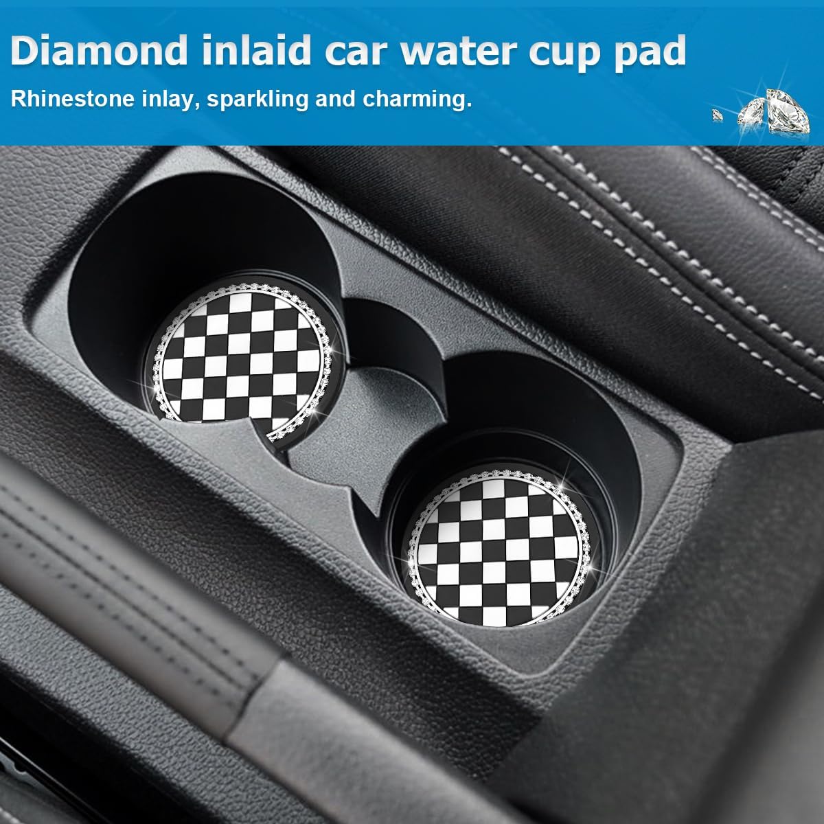 Osilly 4PCS Bling Car Cup Holder Coaster, Shiny Shockproof Non-Slip Vehicle Drink Cup Insert Mat Cushion with Rhinestone, Diamond Dustproof Auto Water Bottle Mat Decor, Universal Fit (Checkerboard)